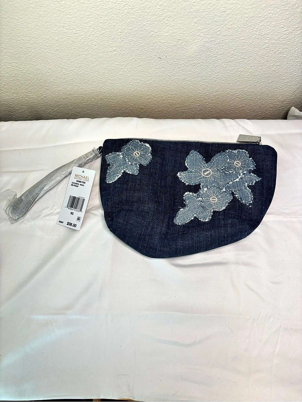 Michael Kors Denim Item MD Pouch Floral Blue & Silver NWT